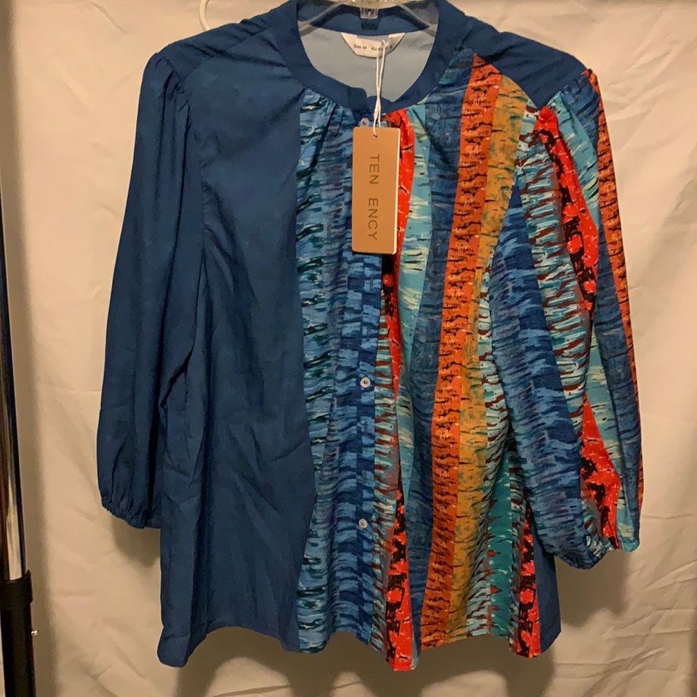 Ten Ency blue multi-colored long sleeve blouse sz Medium